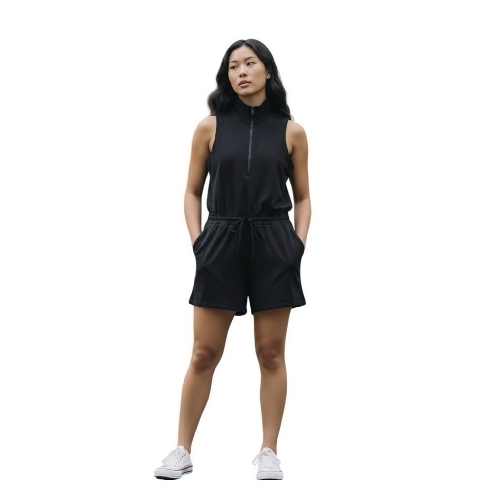 Athleta Retroterry Romper Black Zip Front Athleisure Preppy Sz XL Tennis Sporty - Picture 1 of 9